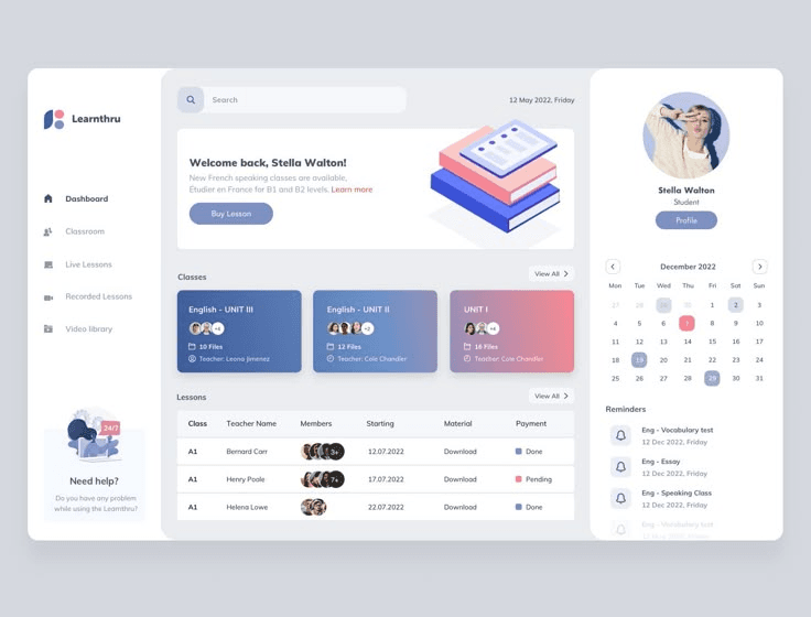 Educational platform interface showing course modules and student progress